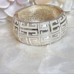 Silver Tone White Enamel Geometric Hinged Bracelet